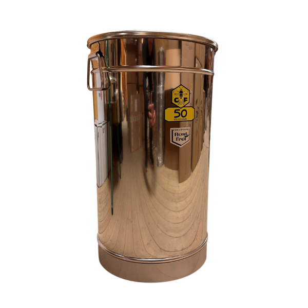 UTS Behållare rf. 50kg. tätslutande med spännrem Konisk botten 1,5" nippel i mitten av botten i gruppen Skörd / Förvaring Omrörning Behållare / Behållare / Rostfria Behållare hos LP:S Biodling AB (109411A)