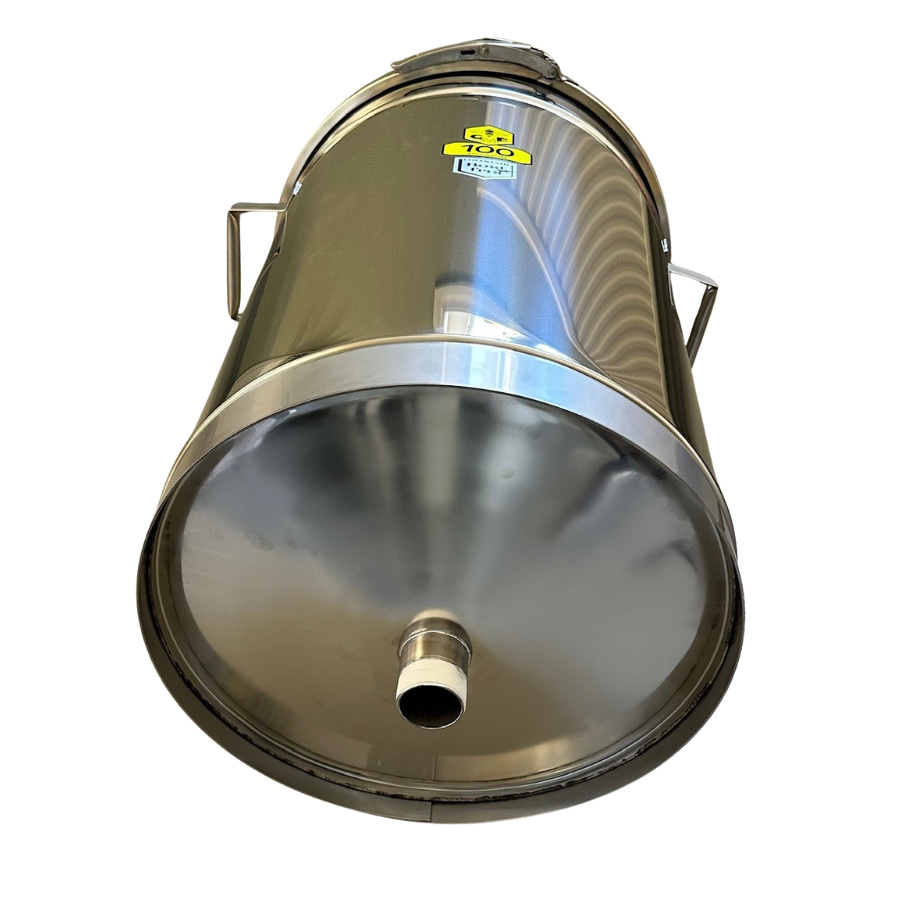 UTG Beh�llare Rostfri 70L/100 kg Konisk botten 1�'' nippel, l�st lock