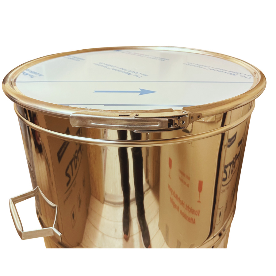 UTS Rostfri beh�llare 300 kg sidoutlopp och sp�nnrem runt locket