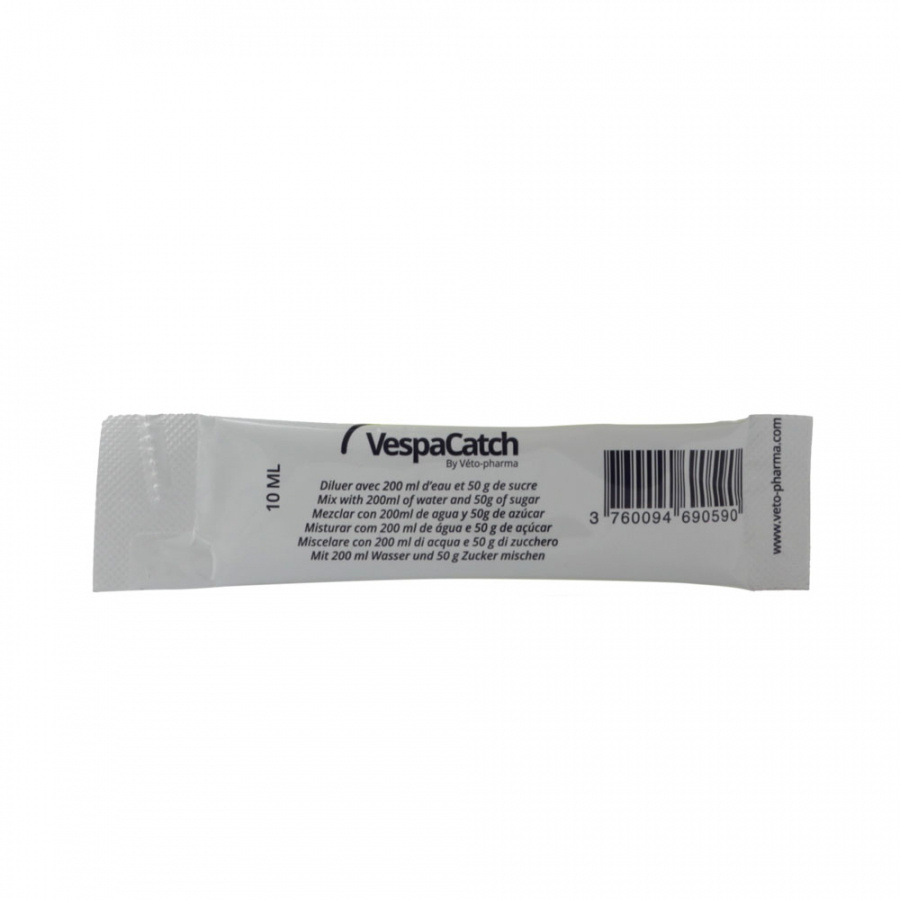 F�rpackning med VespaCatch, inneh�llande 10 ml. Anvisningar f�r blandning med vatten och socker �r angivna p� baksidan.
